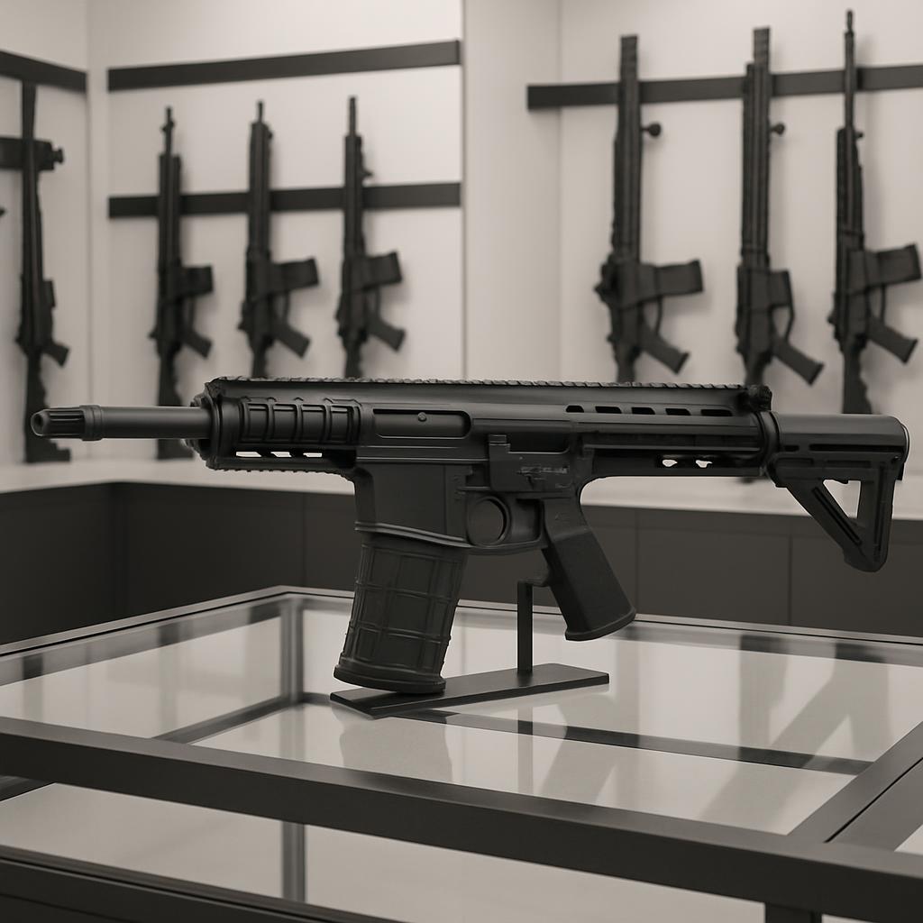 Add the text \[alt-text] to the image. \[alt-text] A glass display case with a black stand and a black semi-automatic rifl...